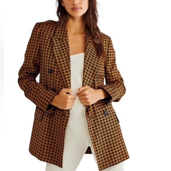 FREE PEOPLE ASHBY VINTAGE INSPIRED PLAID BLAZER IN BROWN NWOT - Picture 1 of 12